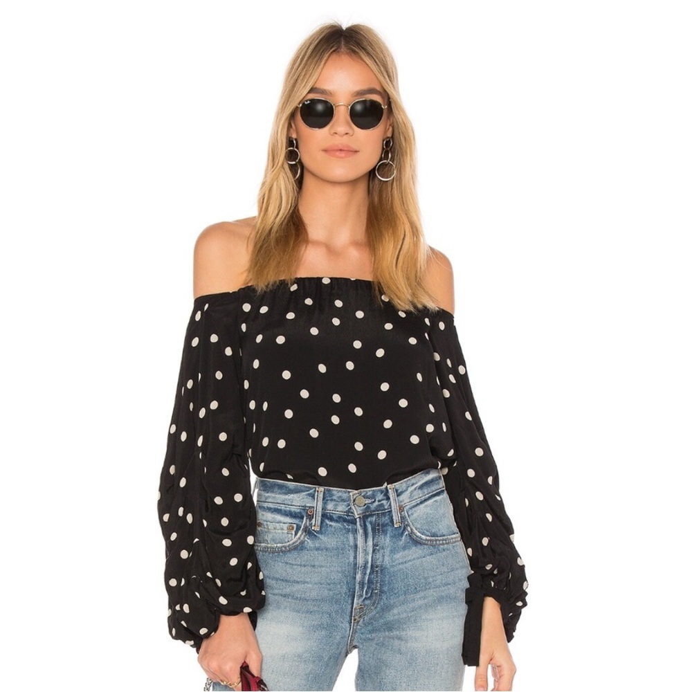 Emery Polka Dot Flowy Off Shoulder Bubble Sleeve Top Lovers + Friends XS trendy